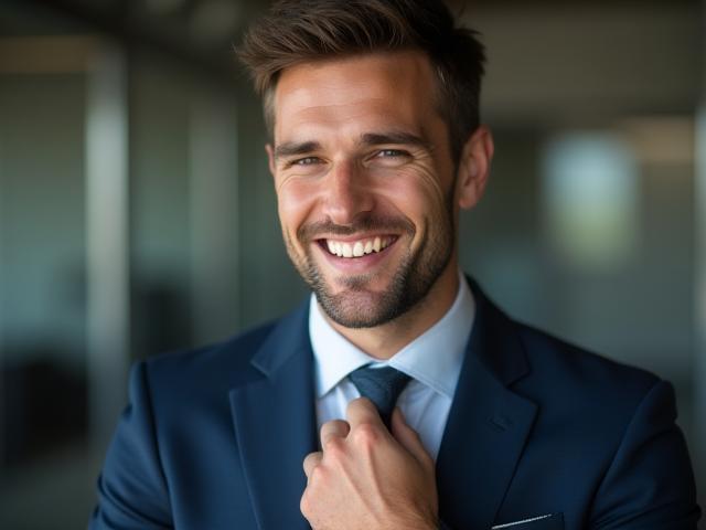 Man adjusting his tie, looking confident.